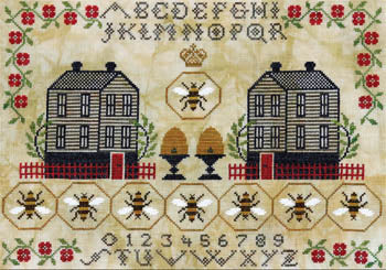 Decorative cross-stitch pattern with houses, bees, and numbers on a textured background.
