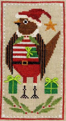 Cross-stitched design of a bird in a Santa hat with Christmas elements on a beige background