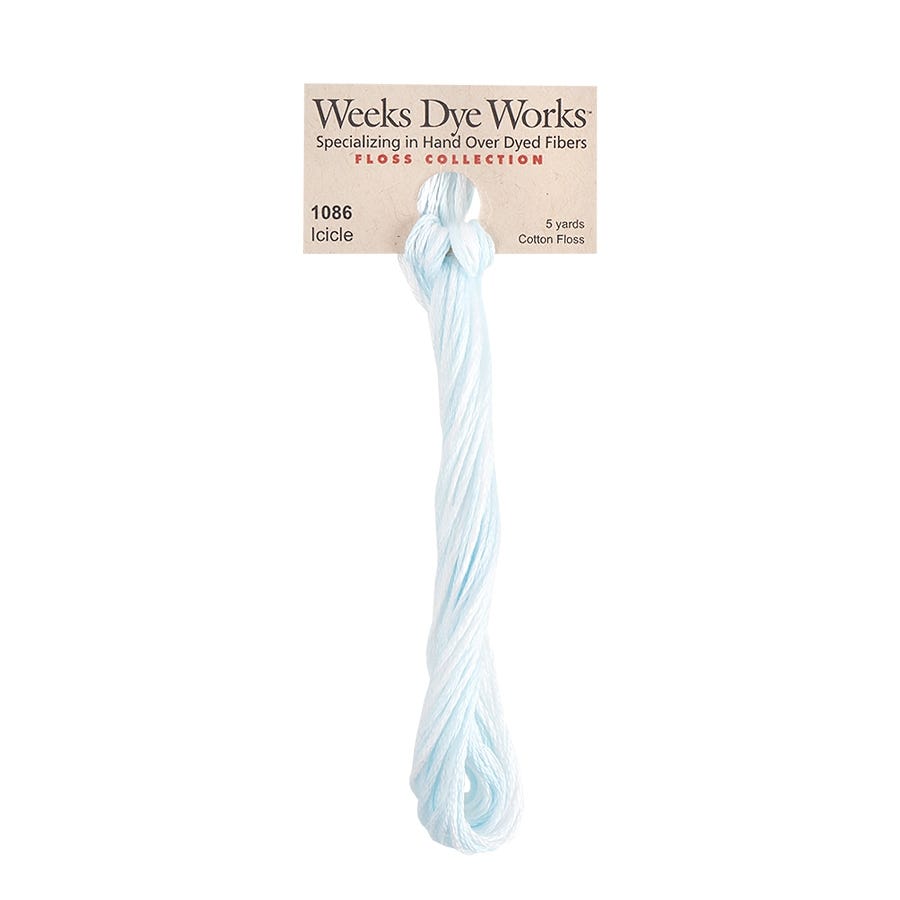 Weeks Dye Works hand-dyed cotton embroidery floss skein in icicle 1086, a light icy blue