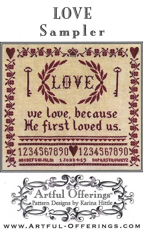 Cross-stitched sampler with 'LOVE' text and decorative elements, featuring Artful Offerings branding.