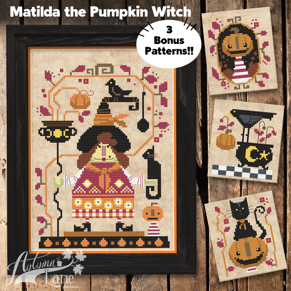 Cross-stitch pattern for Matilda the Pumpkin Witch with bonus patterns on a wooden background.