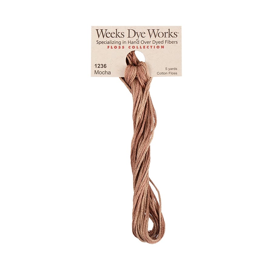 Weeks Dye Works hand-dyed cotton embroidery floss skein in mocha 1236 a light brown with subtle variegation