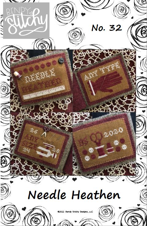 Cross-stitched designs on fabric with 'Bendy Stitchy' branding and text.
