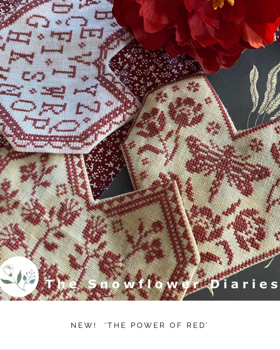 Cover of 'The Snowflower Diaries' with embroidered fabric and flowers, featuring the text 'The Power of Red'.