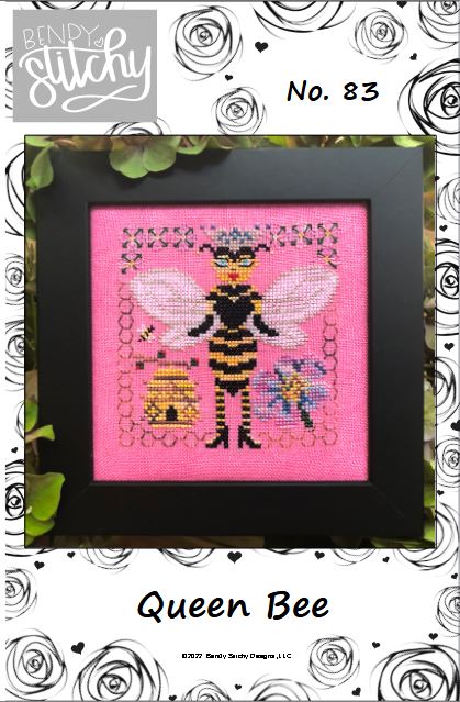 Cross-stitched design of a queen bee on pink fabric with 'Bendy & Stitchy' branding.