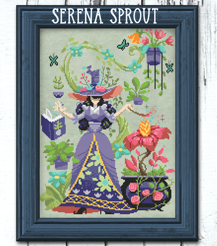 Framed cross-stitch art of a character with plants and flowers, labeled 'Serena Sprout'.